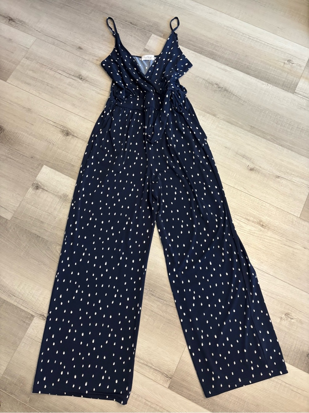 Kaileigh Navy Blue Polka Dot Wrap Jumpsuit Wide Leg Tie Waist Size M